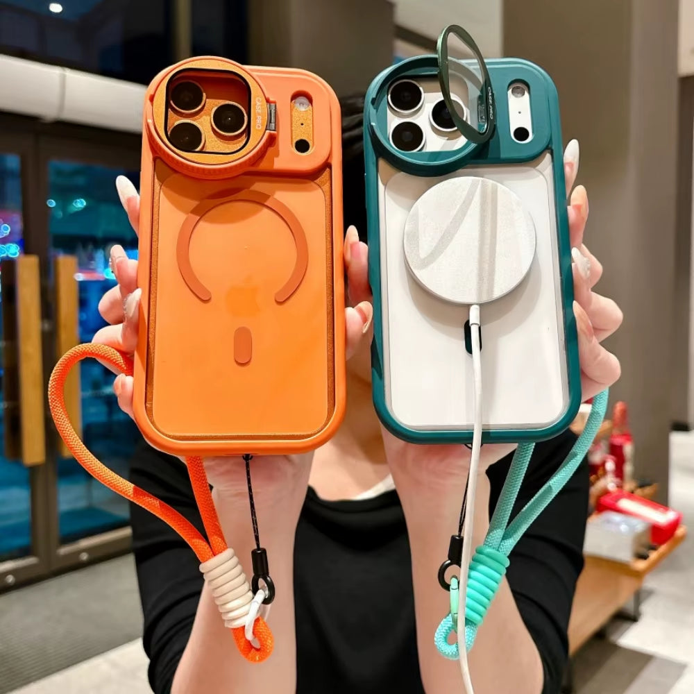 Fold Glass Lens Stand Magnetic Transparent Case for Iphone 17 16 15 14 13 12 11 Pro Max for Magsafe Wrist Strap Shockproof Cover