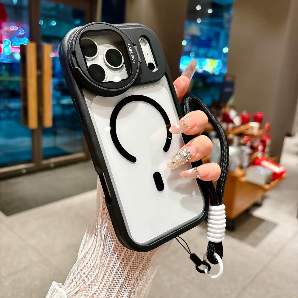 Fold Glass Lens Stand Magnetic Transparent Case for Iphone 17 16 15 14 13 12 11 Pro Max for Magsafe Wrist Strap Shockproof Cover
