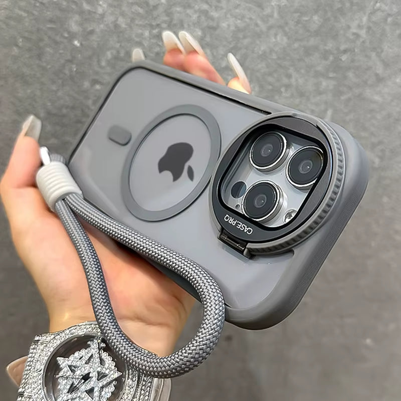 Fold Glass Lens Stand Magnetic Transparent Case for Iphone 17 16 15 14 13 12 11 Pro Max for Magsafe Wrist Strap Shockproof Cover