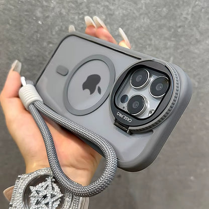 Fold Glass Lens Stand Magnetic Transparent Case for Iphone 17 16 15 14 13 12 11 Pro Max for Magsafe Wrist Strap Shockproof Cover