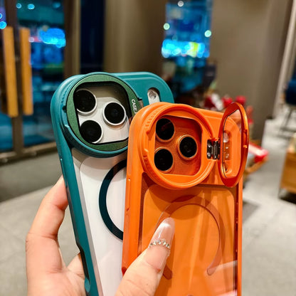 Fold Glass Lens Stand Magnetic Transparent Case for Iphone 17 16 15 14 13 12 11 Pro Max for Magsafe Wrist Strap Shockproof Cover