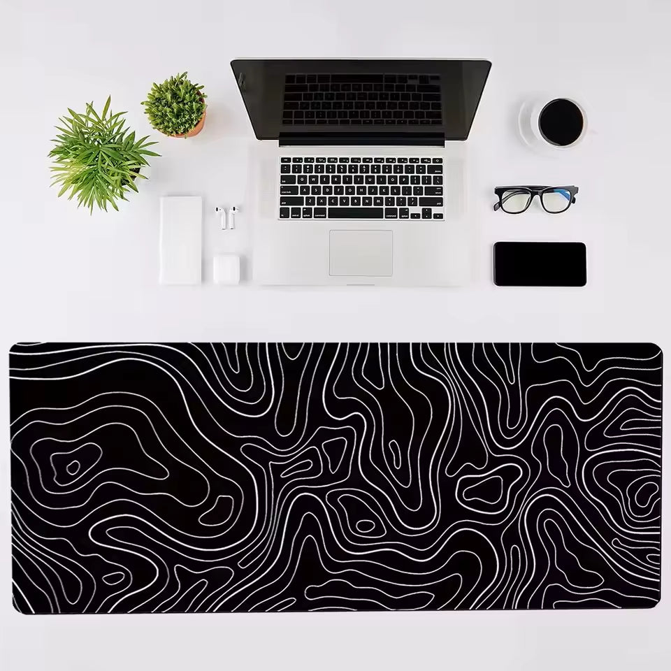 1Pcs Gaming Mouse Pad Large Keyboard Pad 31.5 X 11.8In Topographic Mouse Pad Black and White Mouse Pad for Keyboard with Anti-S