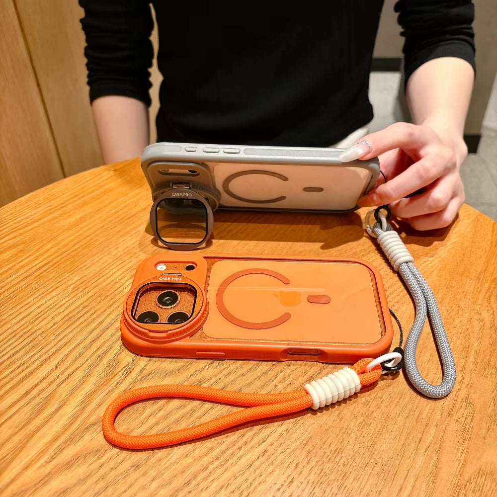 Fold Glass Lens Stand Magnetic Transparent Case for Iphone 17 16 15 14 13 12 11 Pro Max for Magsafe Wrist Strap Shockproof Cover