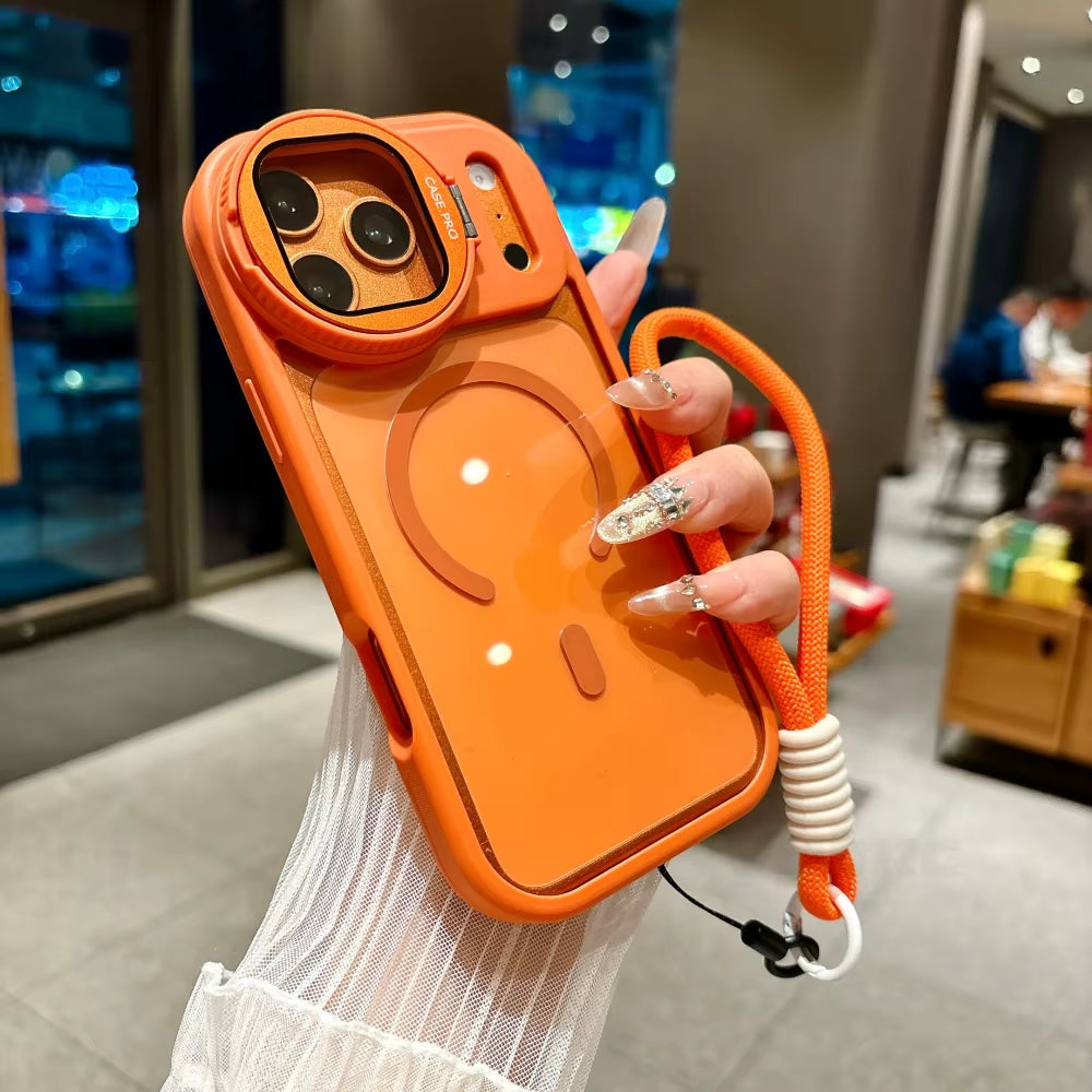 Fold Glass Lens Stand Magnetic Transparent Case for Iphone 17 16 15 14 13 12 11 Pro Max for Magsafe Wrist Strap Shockproof Cover