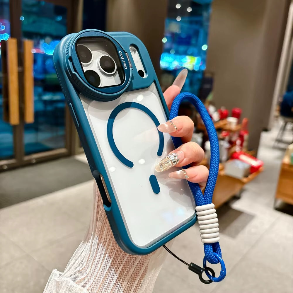 Fold Glass Lens Stand Magnetic Transparent Case for Iphone 17 16 15 14 13 12 11 Pro Max for Magsafe Wrist Strap Shockproof Cover