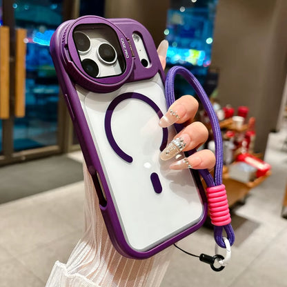 Fold Glass Lens Stand Magnetic Transparent Case for Iphone 17 16 15 14 13 12 11 Pro Max for Magsafe Wrist Strap Shockproof Cover