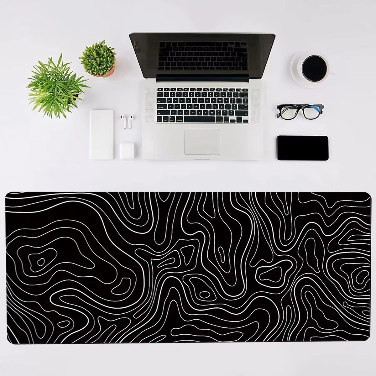 1Pcs Gaming Mouse Pad Large Keyboard Pad 31.5 X 11.8In Topographic Mouse Pad Black and White Mouse Pad for Keyboard with Anti-S