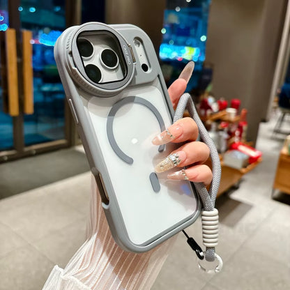 Fold Glass Lens Stand Magnetic Transparent Case for Iphone 17 16 15 14 13 12 11 Pro Max for Magsafe Wrist Strap Shockproof Cover